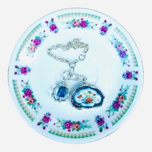 Broken China & Sodalite Charm Bracelet with Artisan Silver-Blend Boho Metalwork - Picture 3 of 17